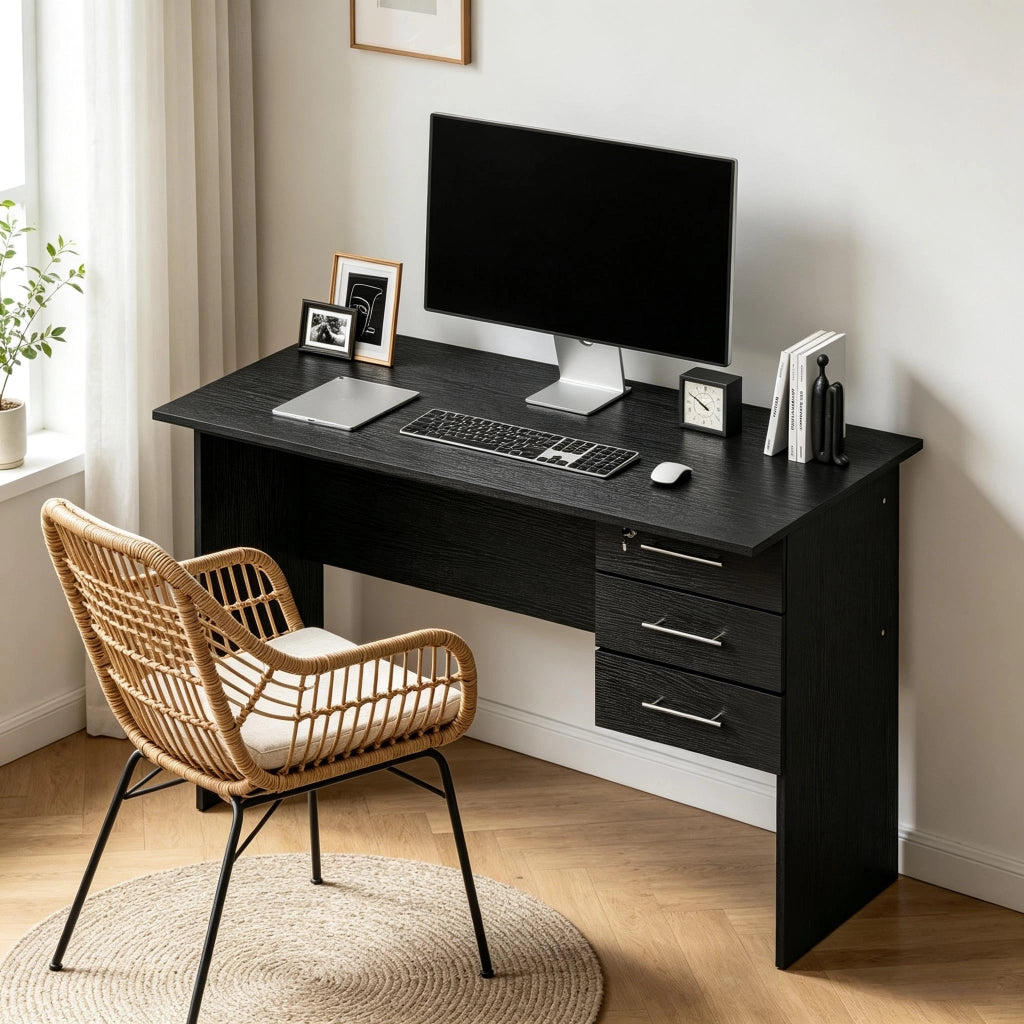 Scrivania dritta con 3 cassetti e serratura, piano ampio per studio e ufficio, in legno nero, 120 × 60 × 75 cm