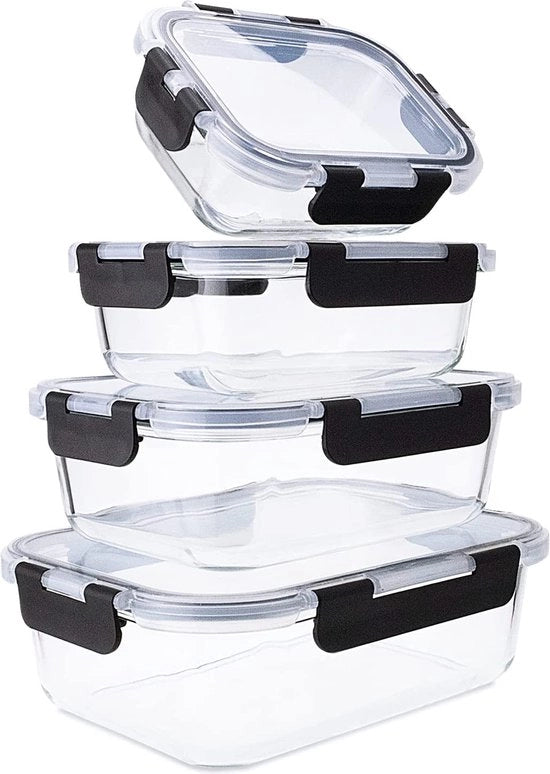 4 scatole di vetro premium con coperchio ermetico - staccabili e ripiegabili. Utilizzabile in forno, lavastoviglie, congelatore, microonde. Scatole di stock: 370, 640, 1040, 1520 ml
