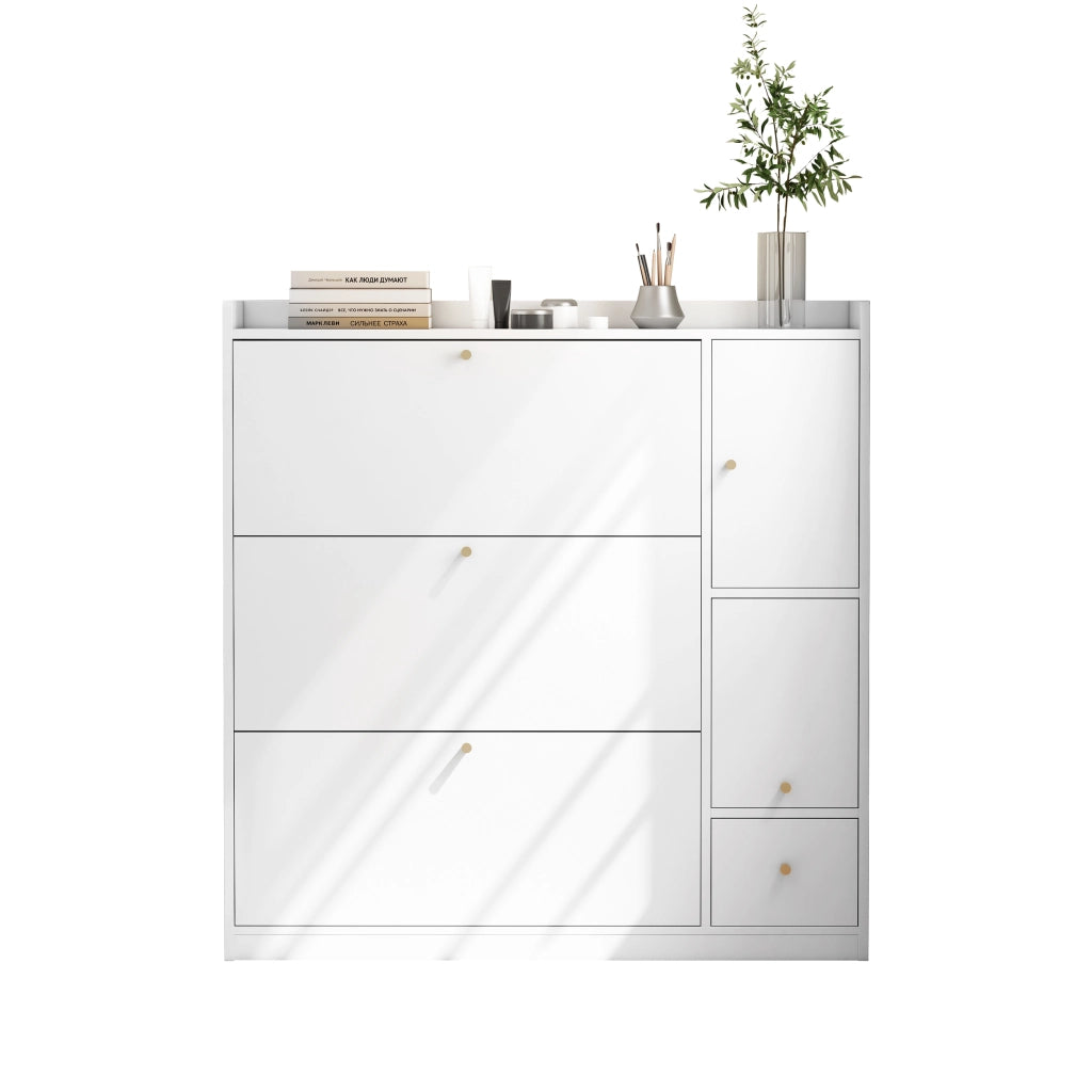 Scarpiera con 3 scomparti ribaltabili e seduta pieghevole, cassetto per ingresso, bianca, 119 × 24 × 122 cm