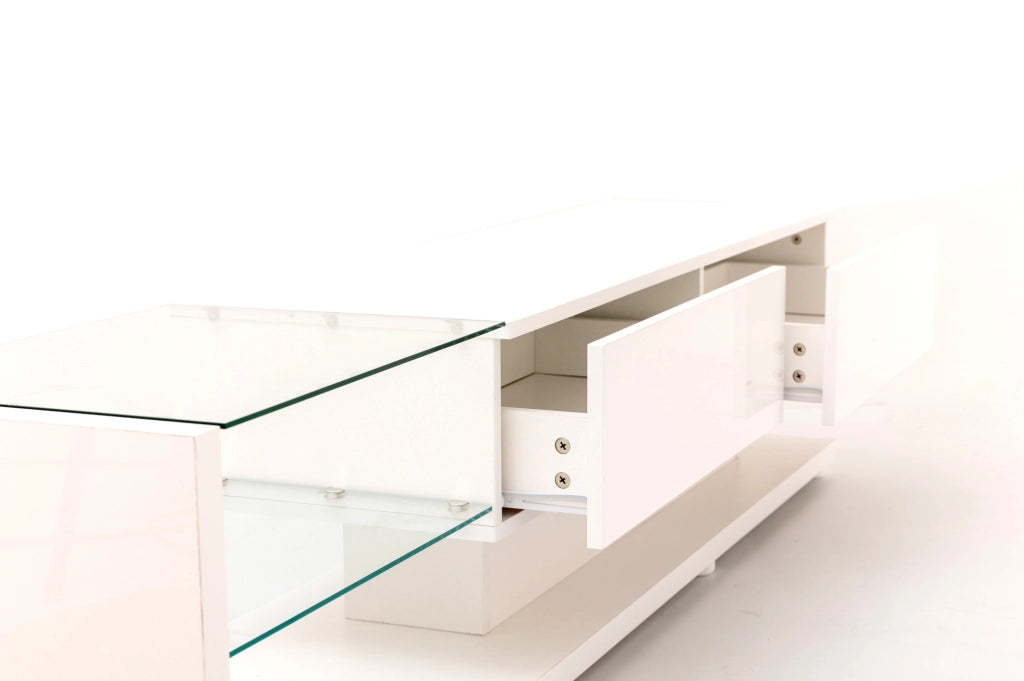 Mobile TV bianco lucido con LED regolabili e ampio spazio contenitivo, 170x38x36 cm