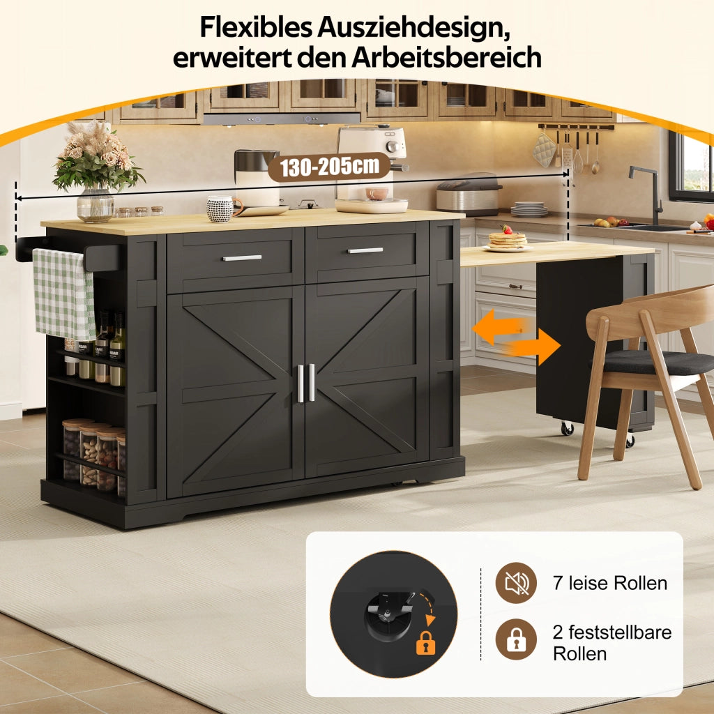Mobile base da cucina con piano estraibile prese USB cassetti ruote e ripiano regolabile MDF nero naturale