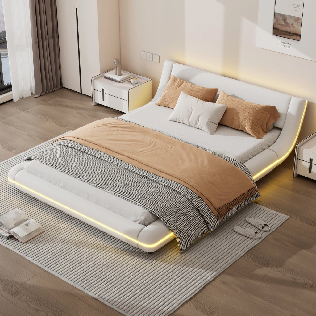 Letto Basso 140 x 200 cm; con LED Regolabile; in PU e MDF; Bianco; camera notte