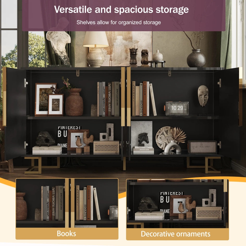 Sideboard nero 152x40x75 cm, design geometrico, maniglie e piedi dorati