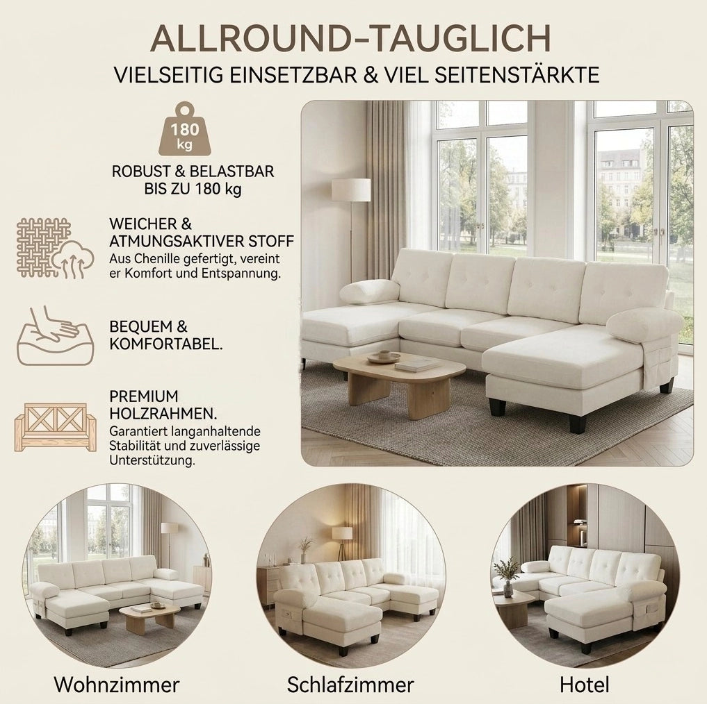 Divano a U per 4 persone in tessuto ciniglia beige con doppia chaise longue e cuscini comodi