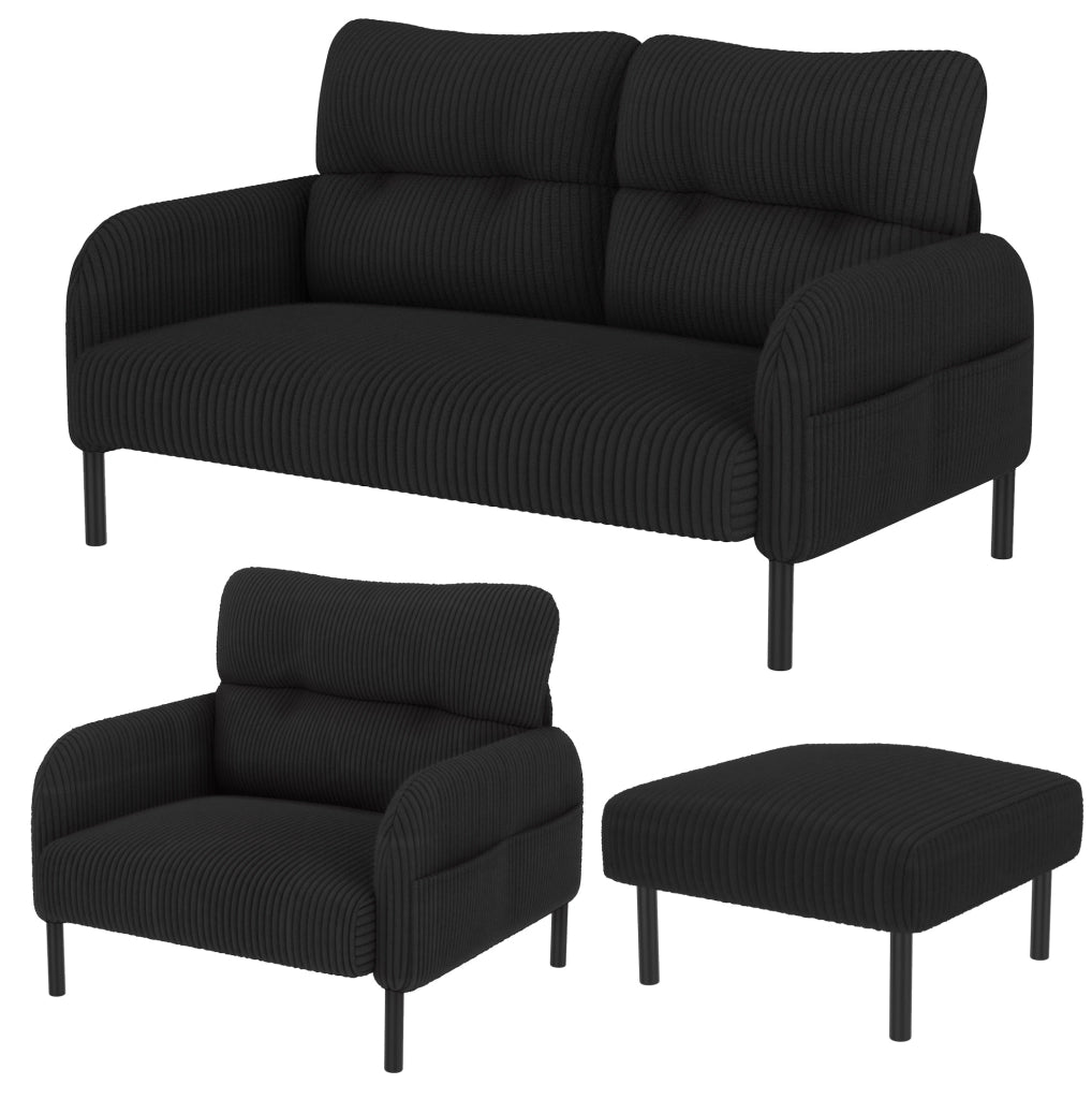 Set 3 pezzi con divano a 2 posti; poltrona e pouf in corduroy nero