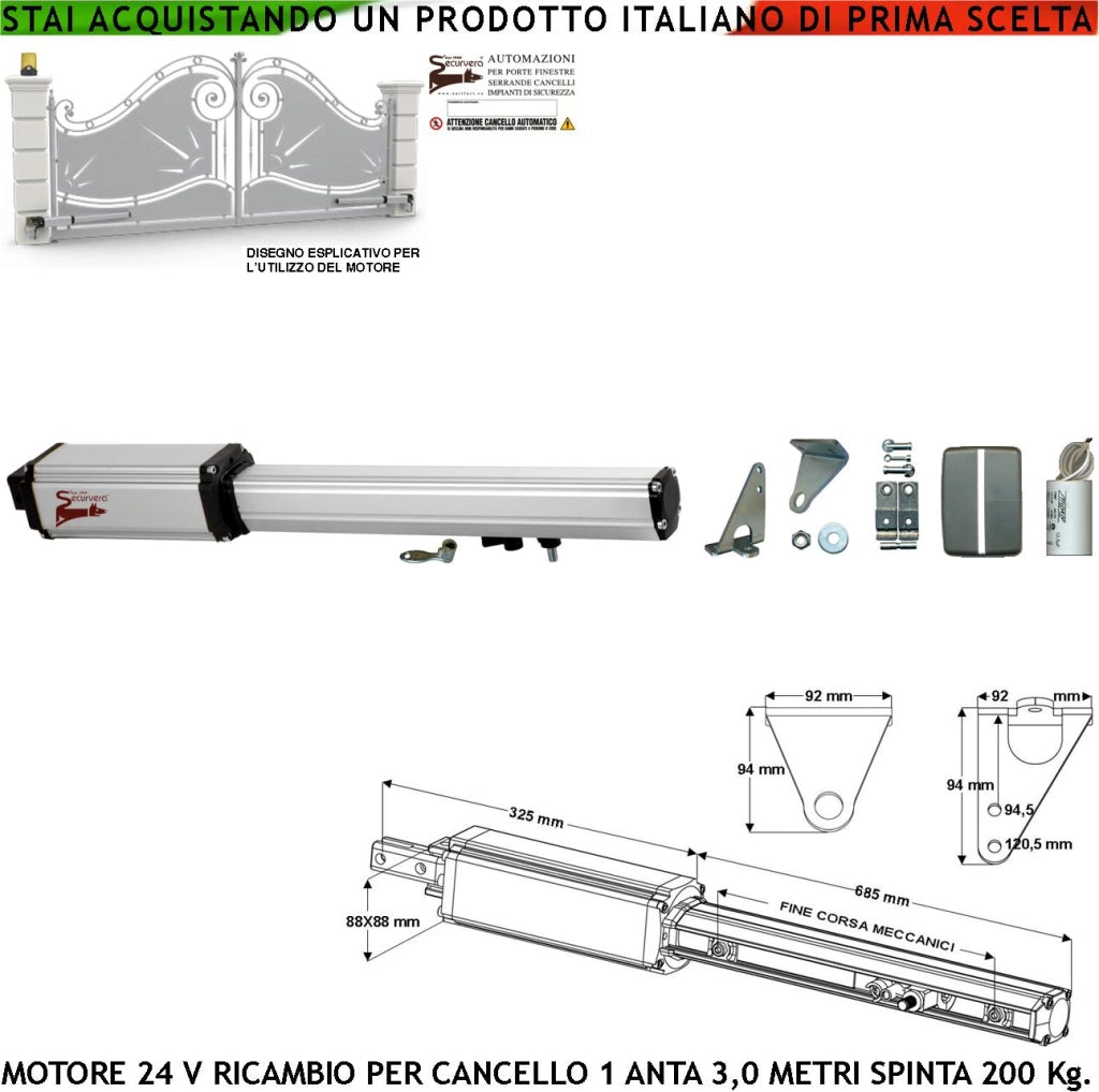 Cancello Automatico Anta 3 Metri Motoriduttore Elettromeccanico 24 Vcc Corsa 500 mm Sblocco a Chiave Ricambio Originale Securvera Finecorsa Meccanici Kit Staffe Bulloni Misure 810X88X88 mm Compatibile Elettronica BTF Came Proteco VDS Titan