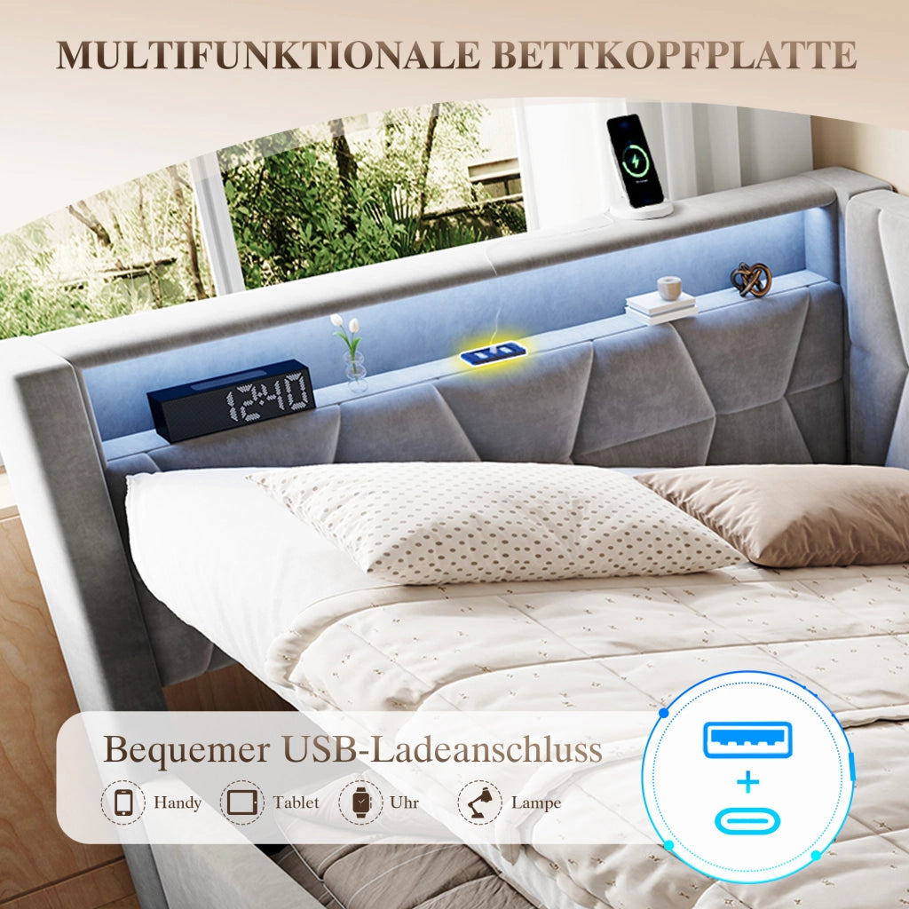 Letto contenitore imbottito 140x200 cm con LED; USB e Type-C; rete a doghe; velluto grigio scuro
