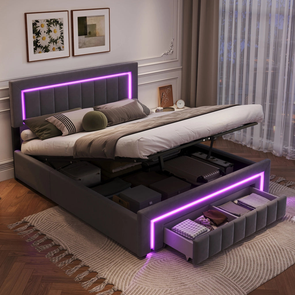 Letto imbottito grigio 140x200 cm con contenitore idraulico, LED e cassetto