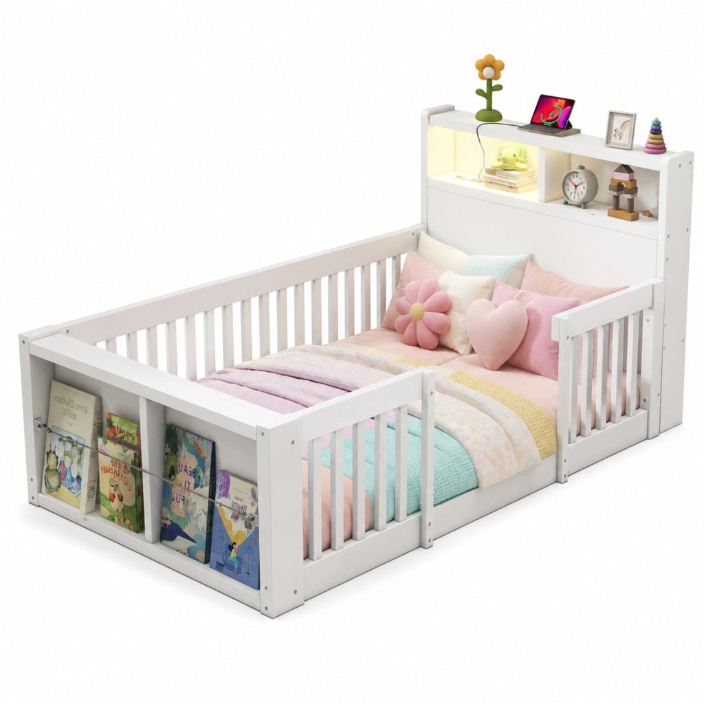 Letto singolo 90 × 190 cm con sponde alte USB luce notturna vano portoggetti ai piedi in legno bianco