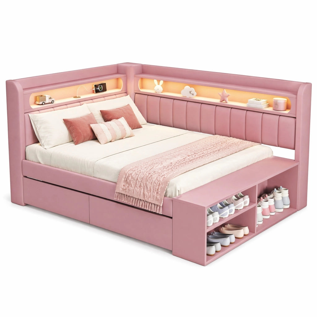 Letto con cassetti 90 × 200 cm con LED USB mobile portascarpe struttura imbottita in MDF e compensato rosa