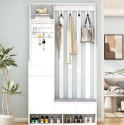Panca contenitore bianca con appendiabiti a parete e 4 ganci, mobile ingresso multifunzione in MDF H180xL100xP35 cm