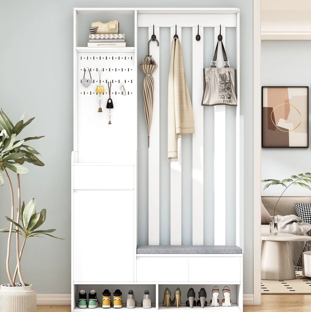Panca contenitore bianca con appendiabiti a parete e 4 ganci, mobile ingresso multifunzione in MDF H180xL100xP35 cm