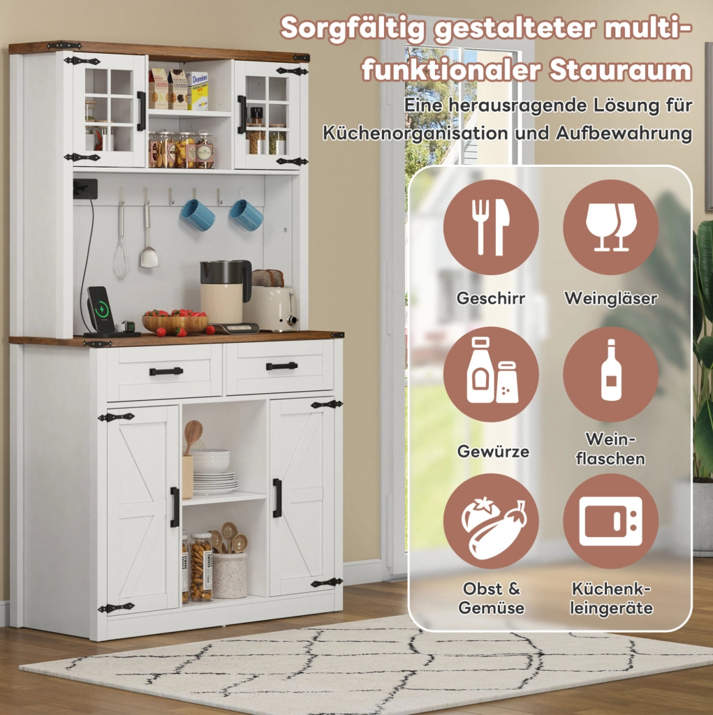 Mobile bar rustico con illuminazione LED regolabile, 2 ampi cassetti e ripiani regolabili, buffet da cucina bianco con design a porta da fienile