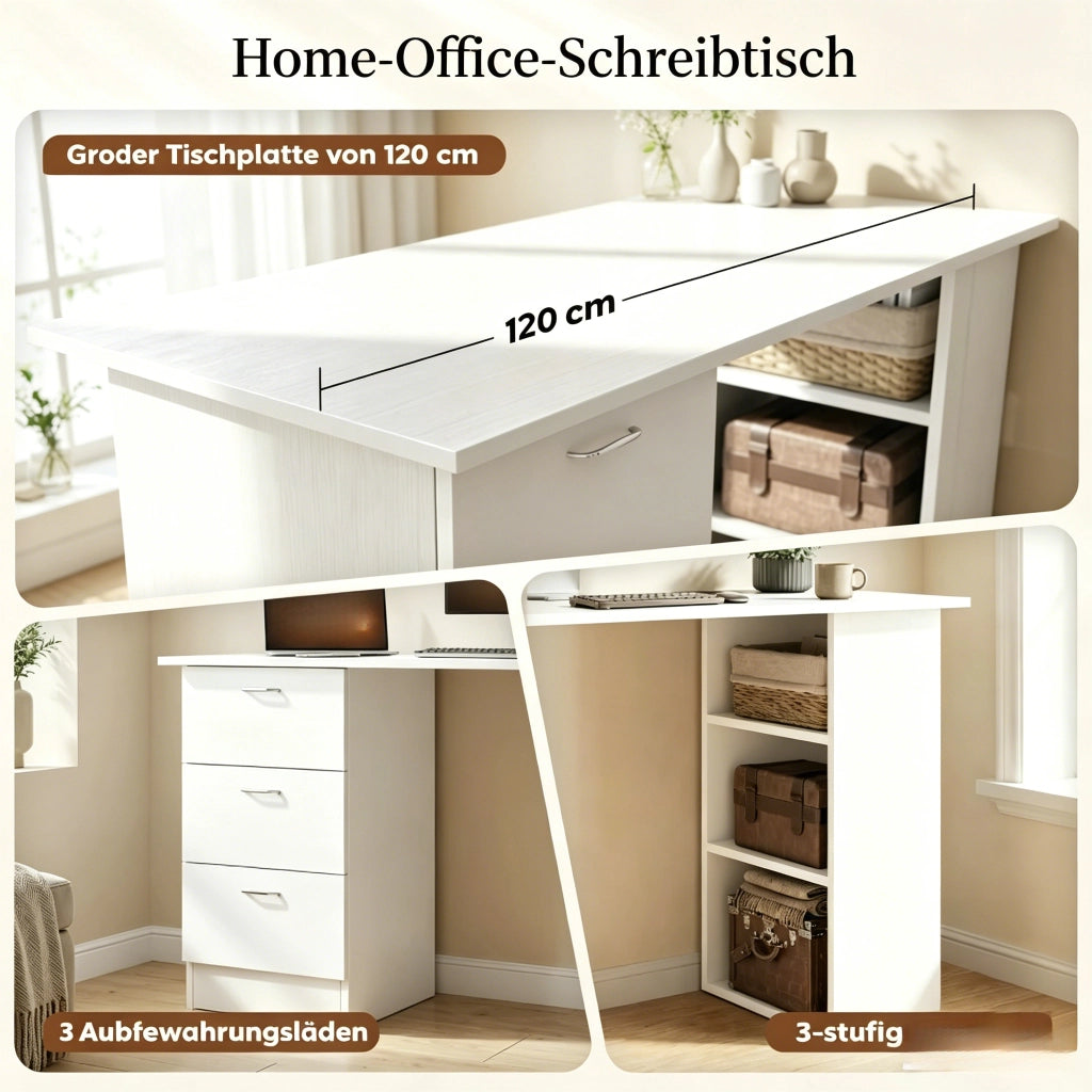 Scrivania dritta con 3 cassetti e 3 ripiani aperti in MDF bianco configurabili su entrambi i lati 120 × 49 × 72 cm