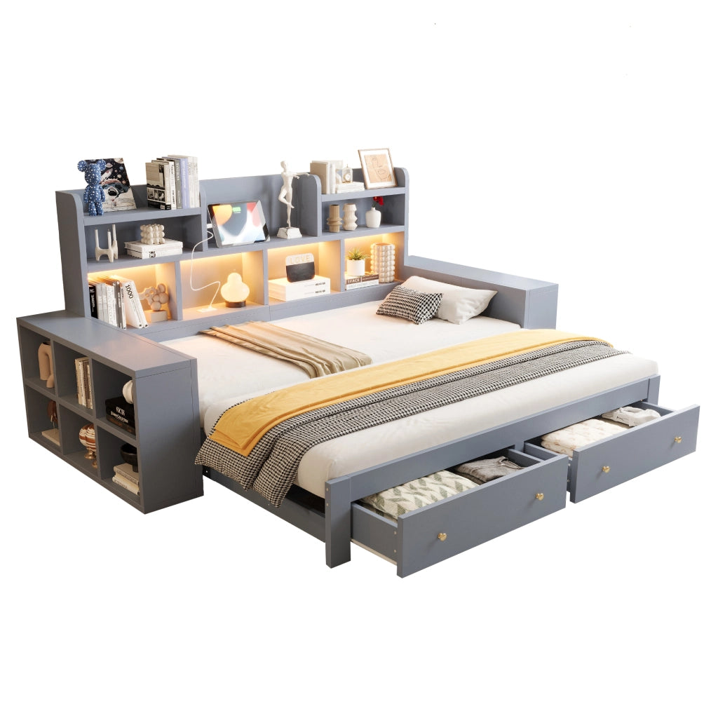 Letto estraibile multifunzionale in compensato e MDF grigio con cassetti ripiani LED e presa