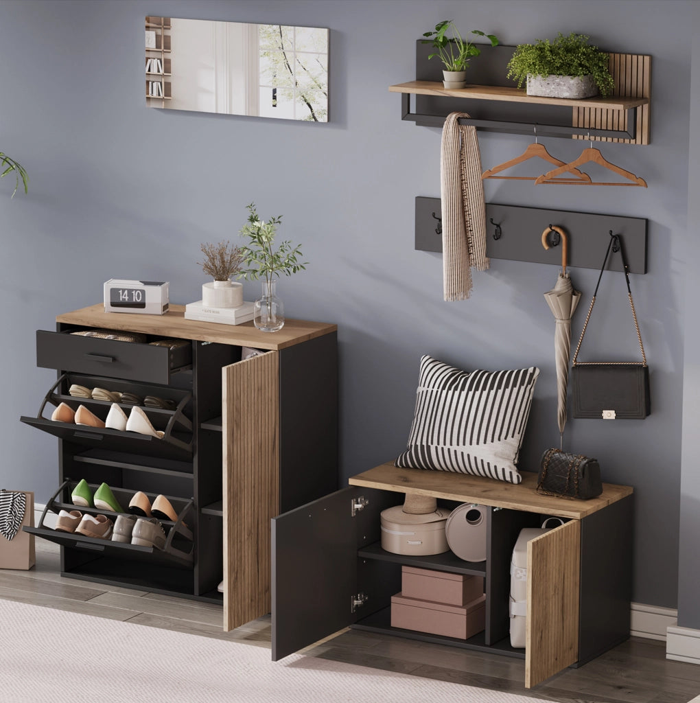 Set ingresso 5 pezzi con specchio, 2 armadietti, panca porta scarpe e appendiabiti nero e legno