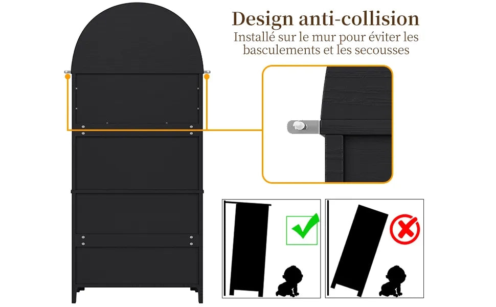 Mobile alto ad arco con cassetti e ante, nero, con zona espositiva aperta, per cucina e soggiorno