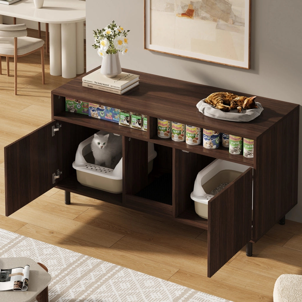Mobile per lettiera per gatti 120x50x66 cm con doppia porta e tappetino raccogli-sabbia in MDF; noce