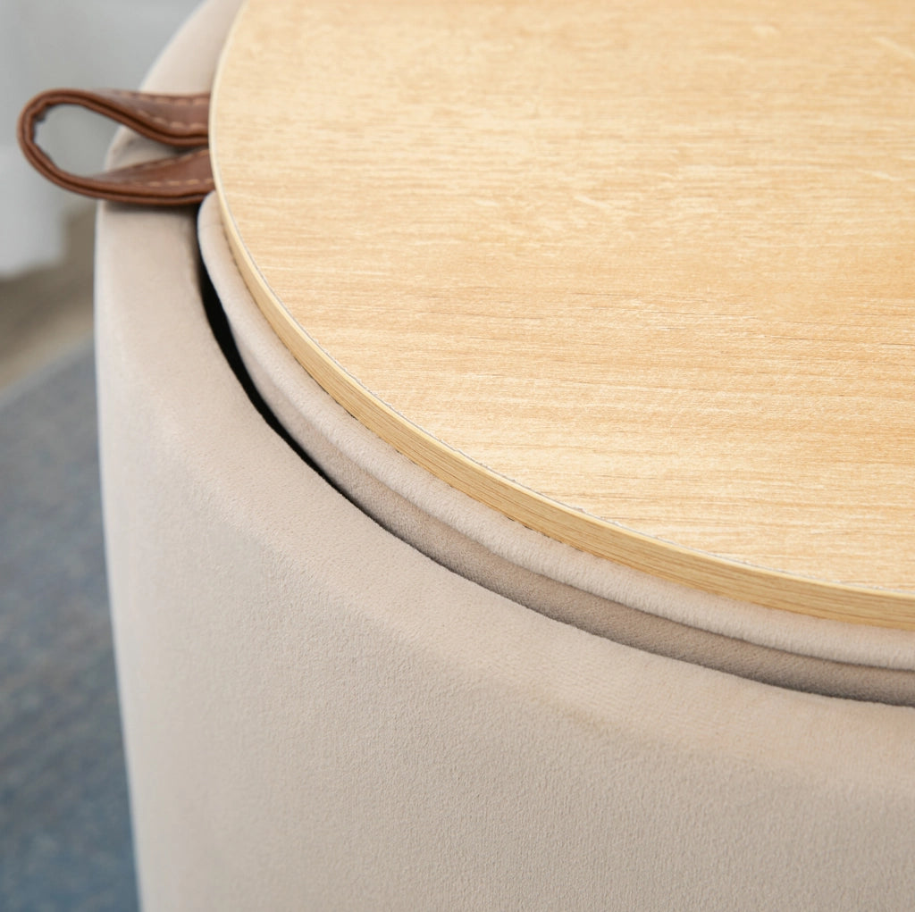 Pouf contenitore rotondo beige con coperchio reversibile Ø44 cm
