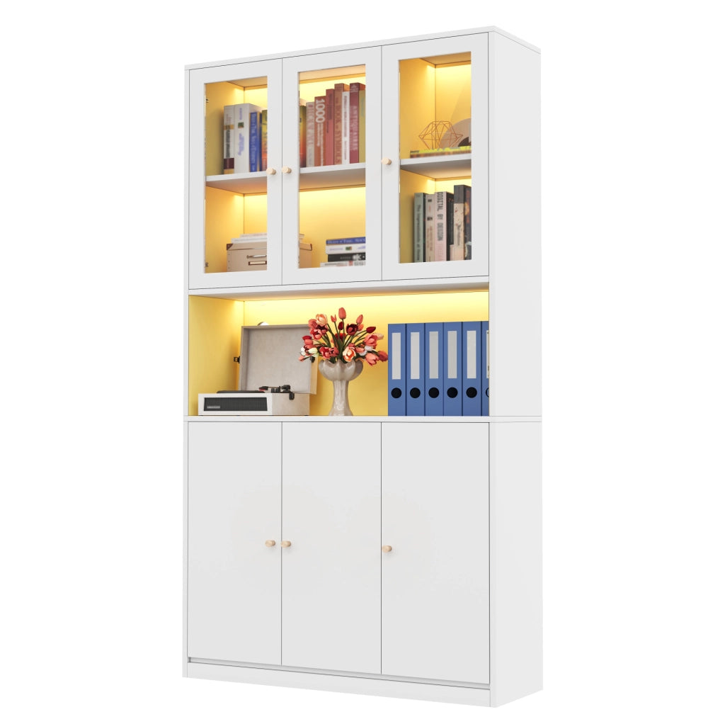 Libreria con vetrina 100x35x200 cm; LED regolabile e 3 ante in MDF bianco
