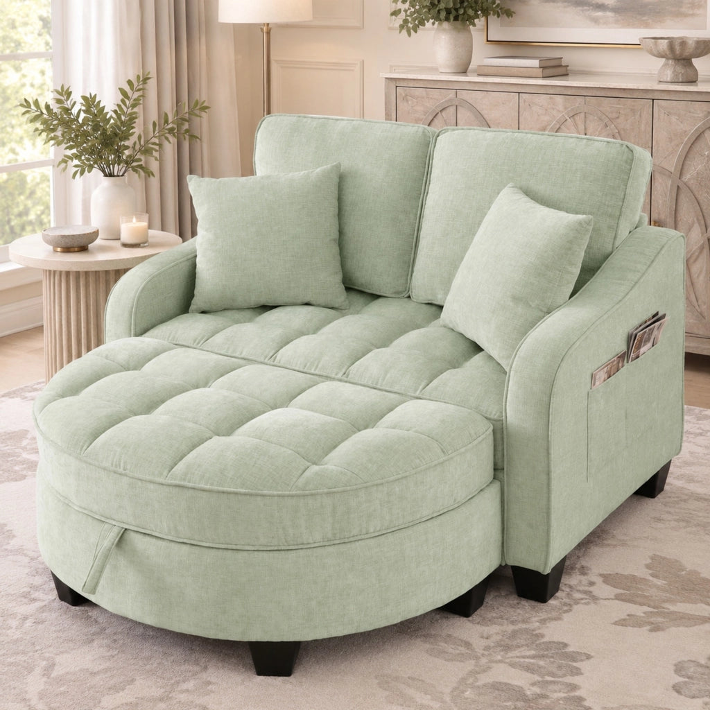 Divano letto trasformabile 132x129x93 cm con pouf contenitore in legno di eucalipto; ciano