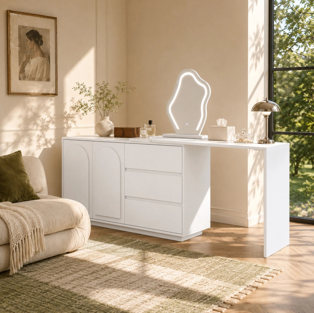 TOILETTE con specchio LED e piano estraibile 140x40x75 cm Bianca