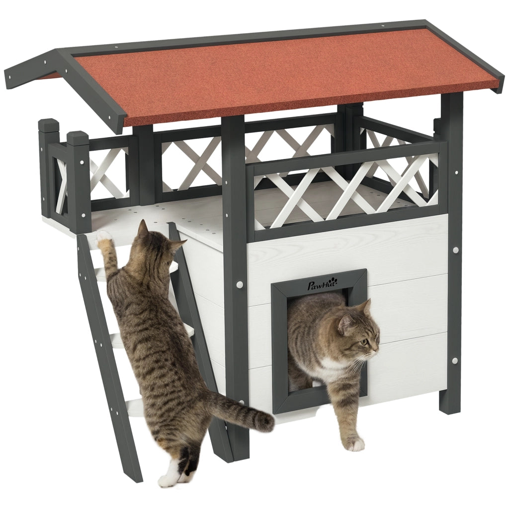 Casetta per Gatti da Esterno con Terrazza e Scaletta in Legno, 77x50x73cm, Bianco e Grigio