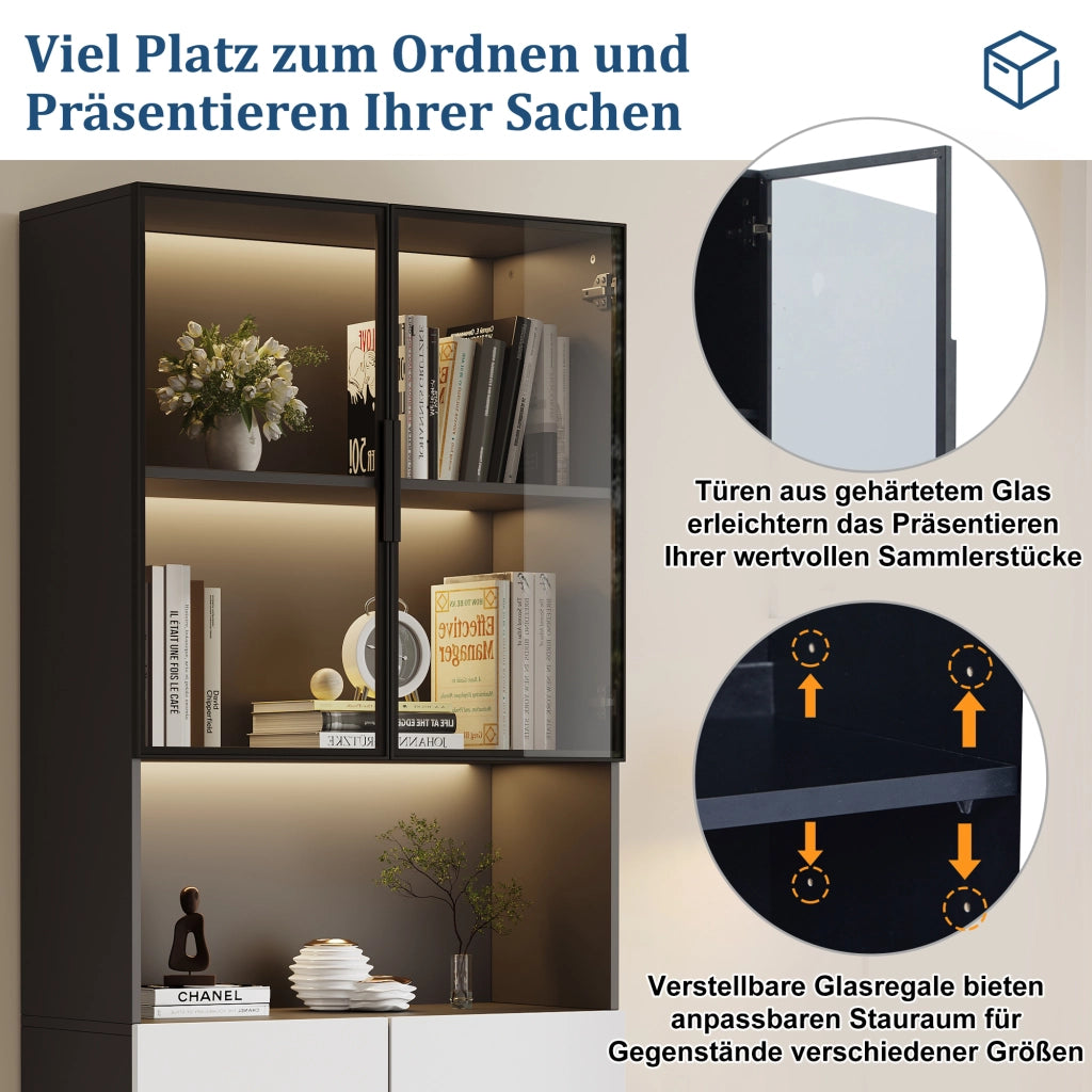 Vetrina con LED regolabili e ante in vetro temperato ripiani regolabili bianco e nero 160 × 30 × 200 cm