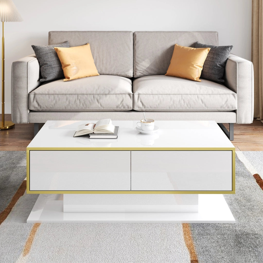 Tavolino da caffè LED 100x50x40 cm con 3 cassetti; bianco lucido e oro