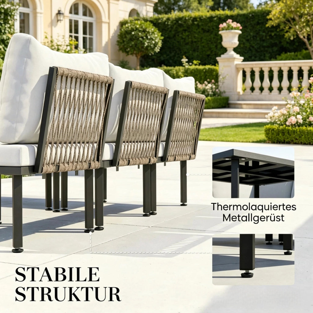 Set da giardino 6 pezzi con divano 2 posti e tavolino in vetro temperato; nero e grigio chiaro