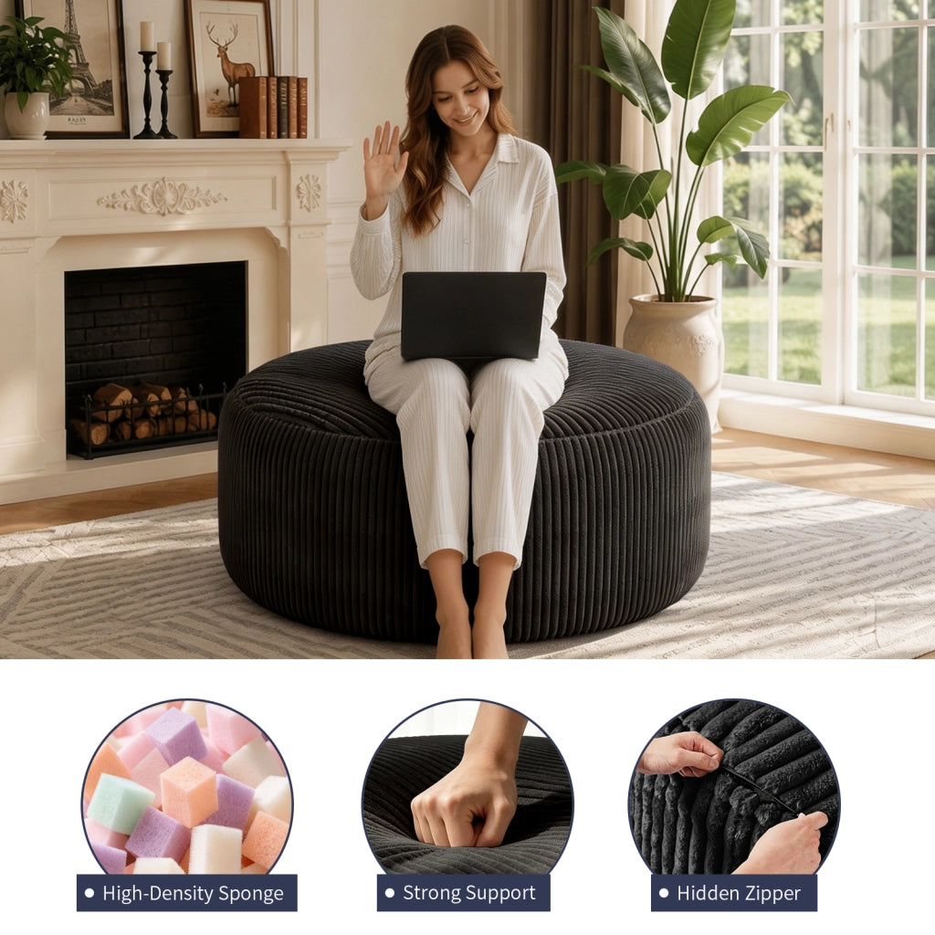 Pouf a sacco rotondo in velluto a coste nero con cubi di memory foam per soggiorno camera e ufficio