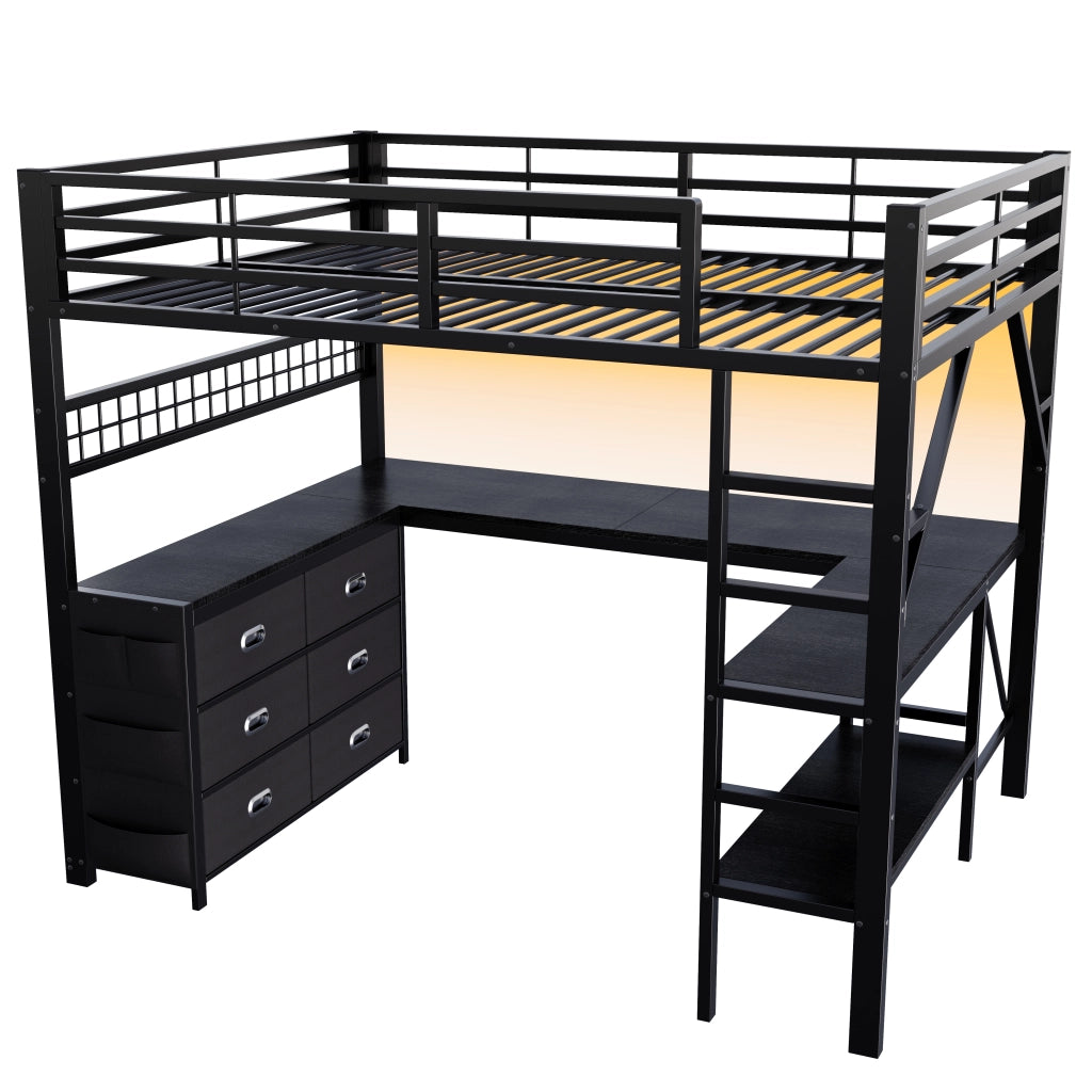 Letto a soppalco 140 × 200 cm con scrivania sei cassetti LED libreria in MDF e metallo nero