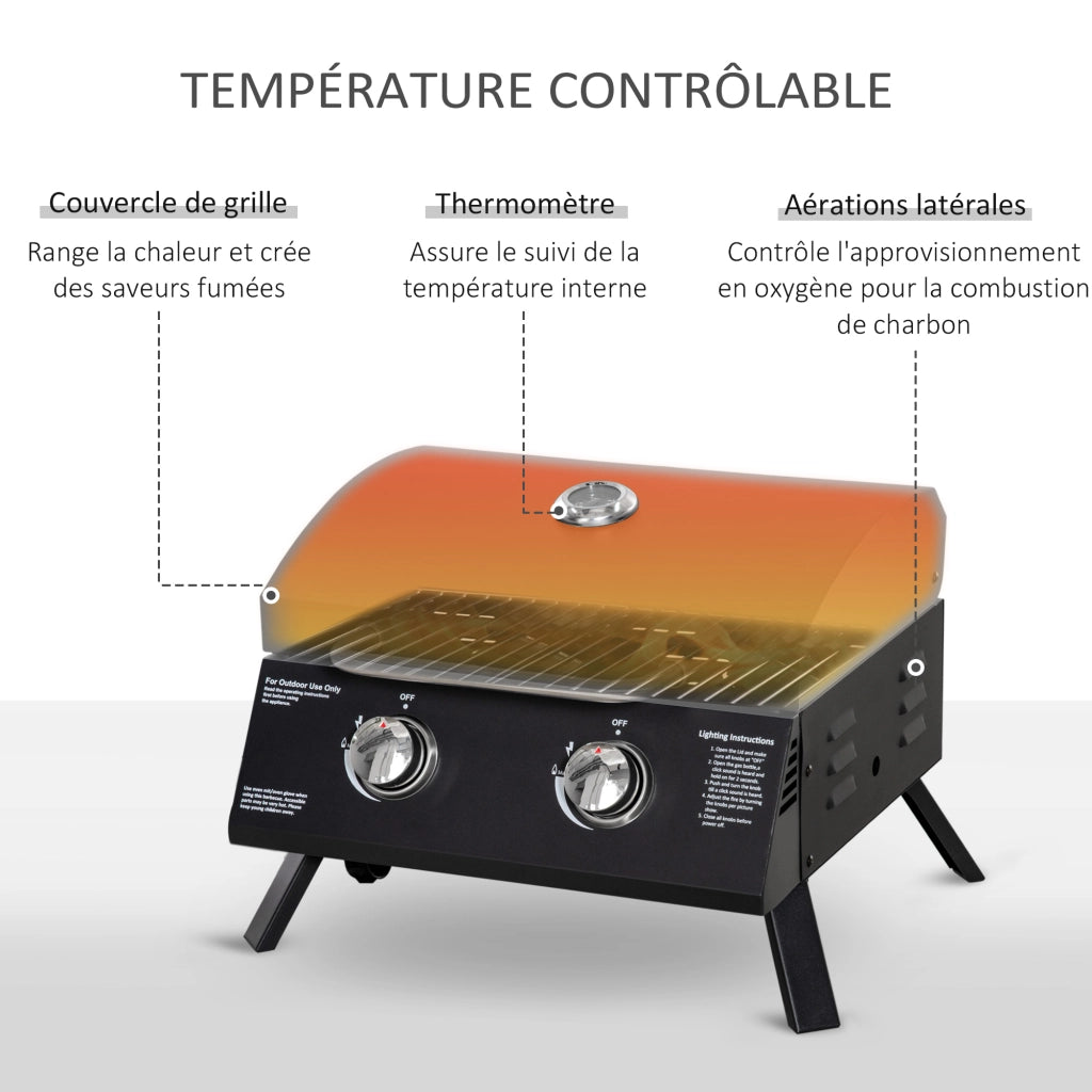 Barbecue a Gas da Tavolo Portatile 2 Bruciatori 5 kW con Piedi Pieghevoli e Termometro per Campeggio e Giardino