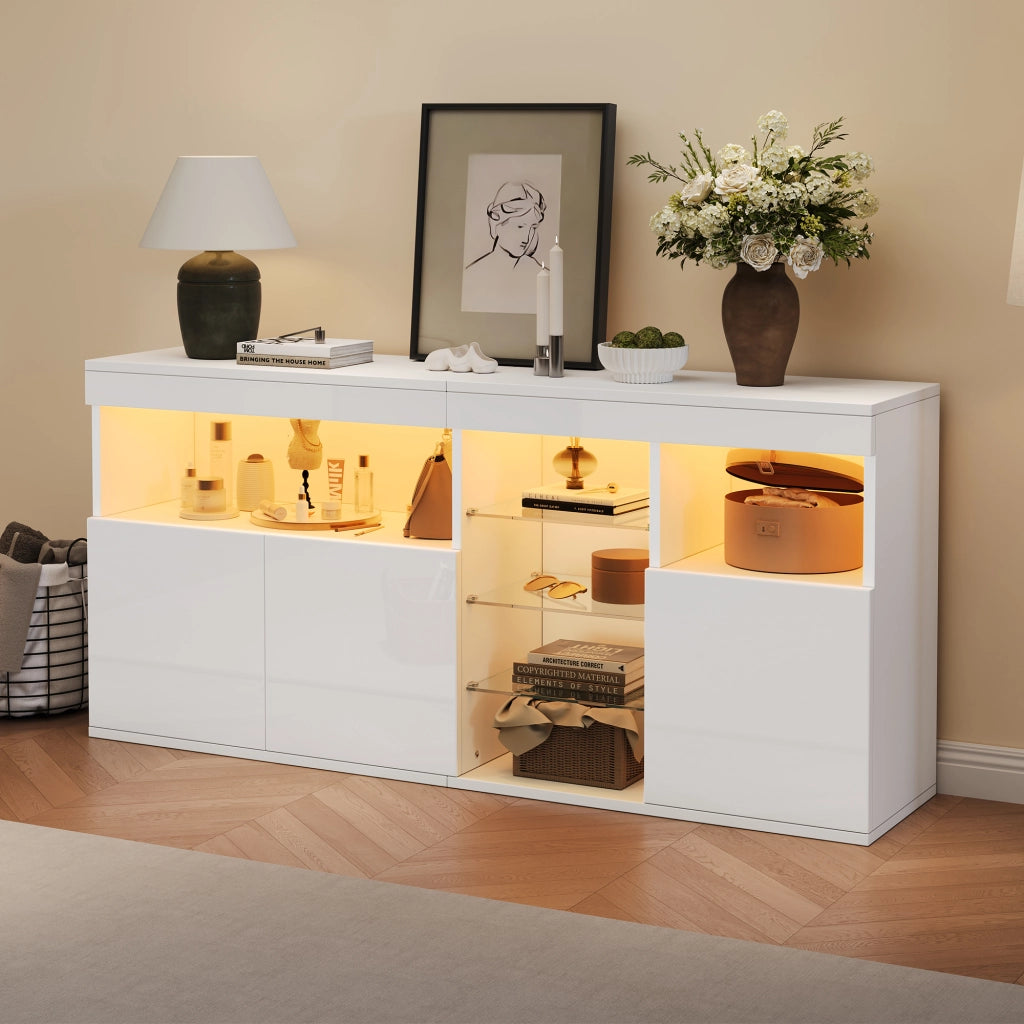 Credenza da soggiorno 155;5 x 35 x 72 cm con LED e finitura lucida; bianco