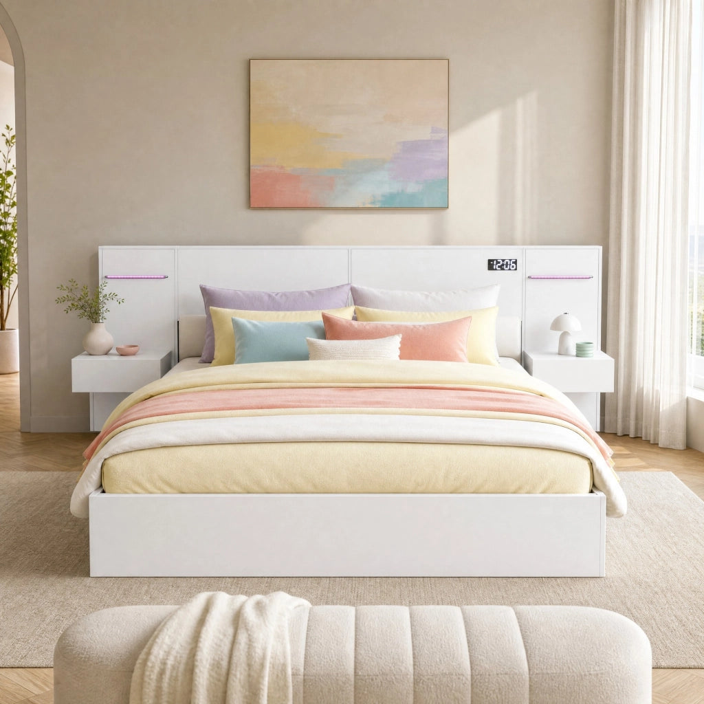 Letto matrimoniale 180x200 cm bianco con USB, Bluetooth e LED