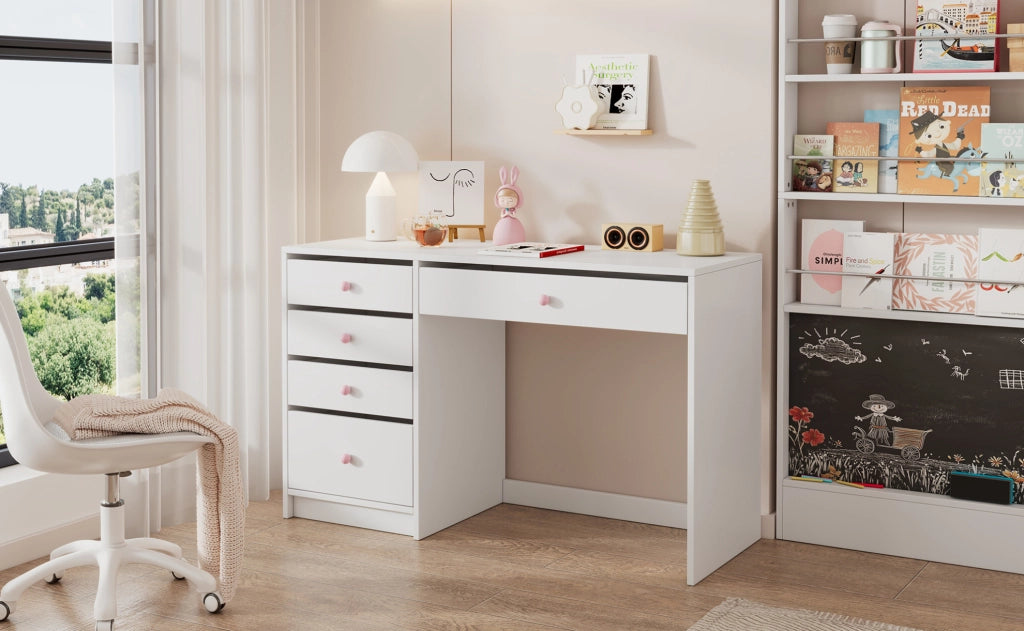 Scrivania bianca 120×45×74 cm con 5 cassetti e maniglie rosa in ceramica, adatta a bambini e adulti