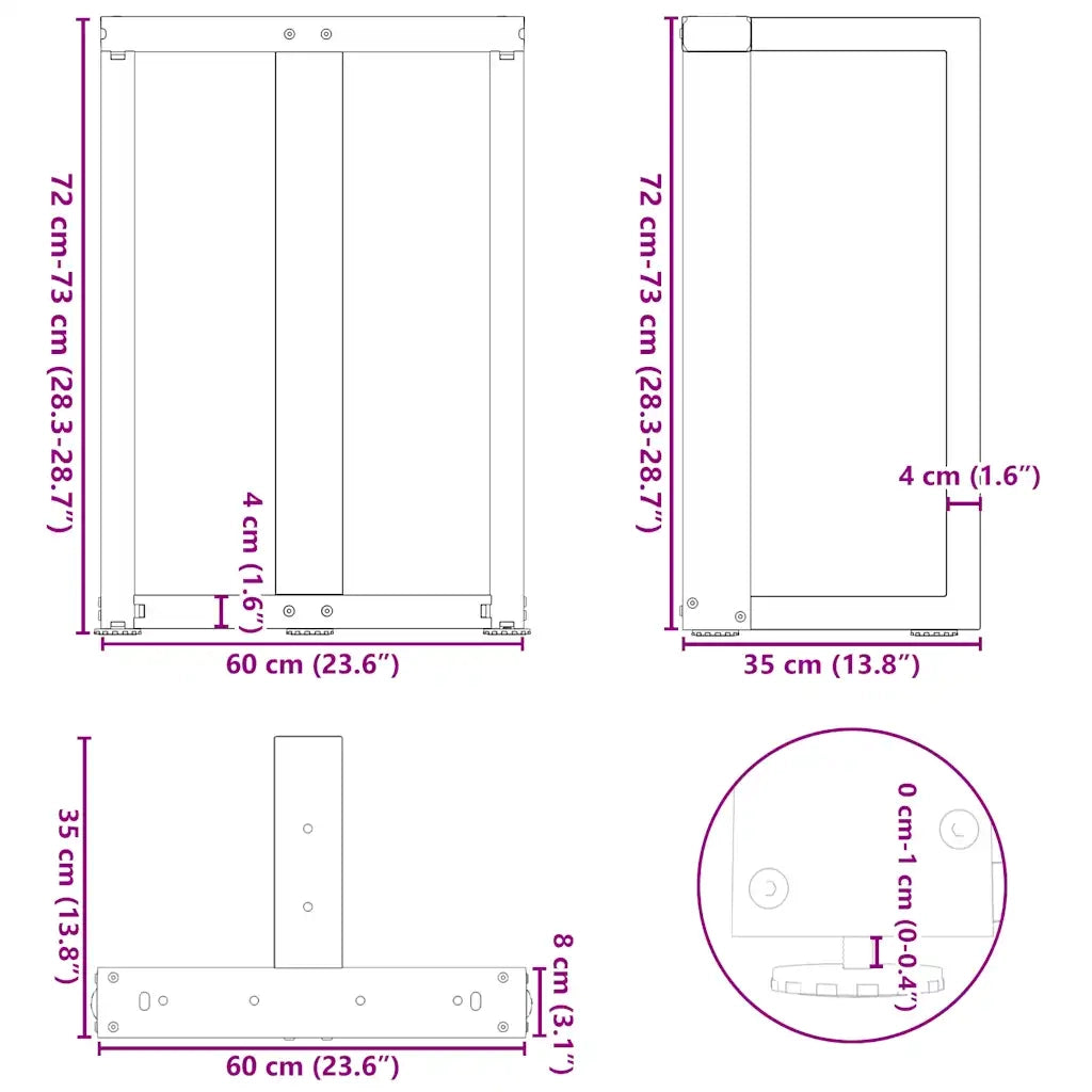 Gambe per tavolo da pranzo a forma di T 2 pz | Piede del tavolo bianche 60x35x(72-73) cm in acciaio