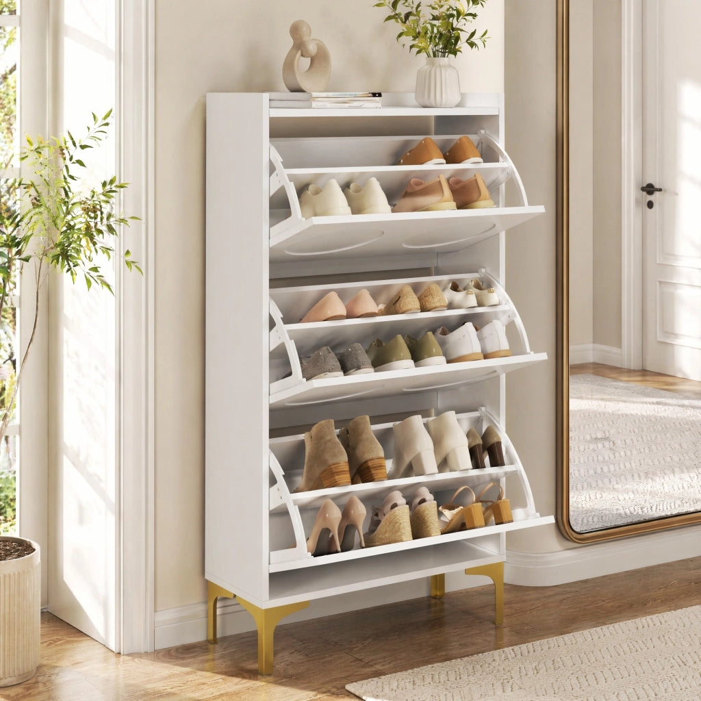 Scarpiera verticale salvaspazio a tre livelli in MDF bianco con gambe in metallo dorato, per ingresso 63 × 24 × 120 cm