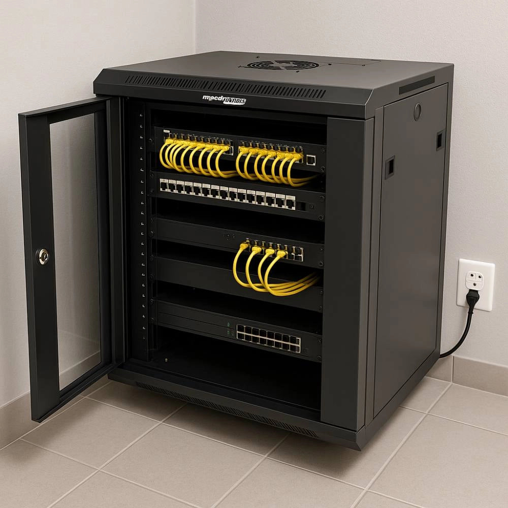 Armadio rack a parete mach power 12u 600x450x640 nero con ventola e montanti