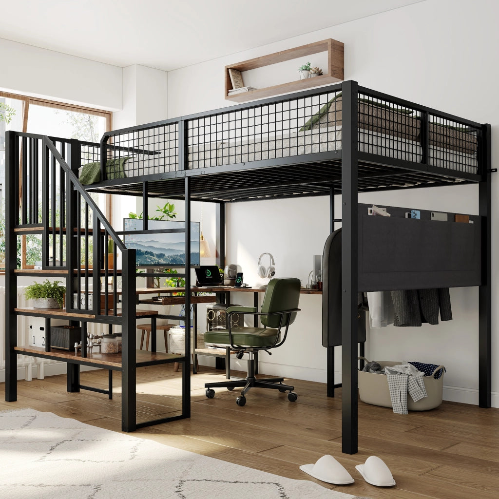 Letto a soppalco 140 x 200 cm in metallo nero con scrivania a L e scala a gradini per cameretta