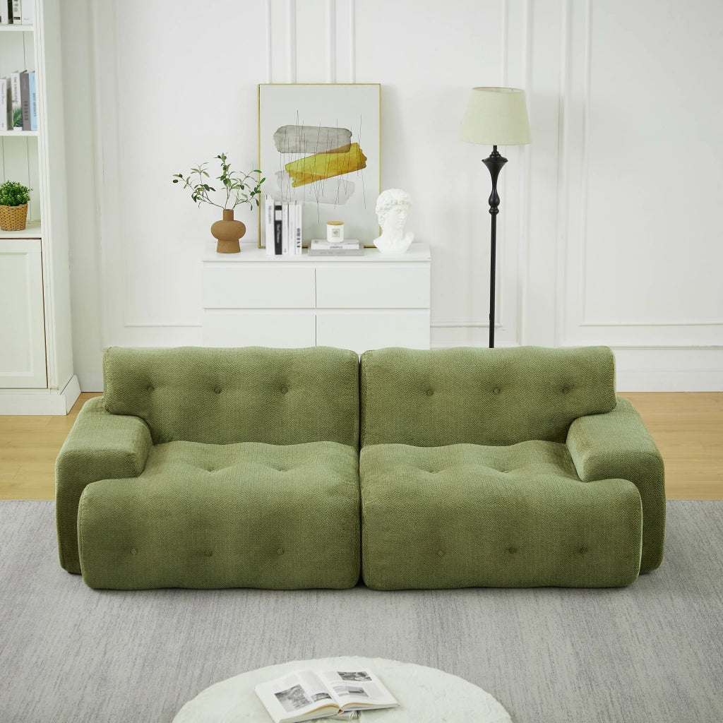 Divano modulare 2 posti in ciniglia con braccioli ampi bottoni verde 224 × 104 × 66 cm