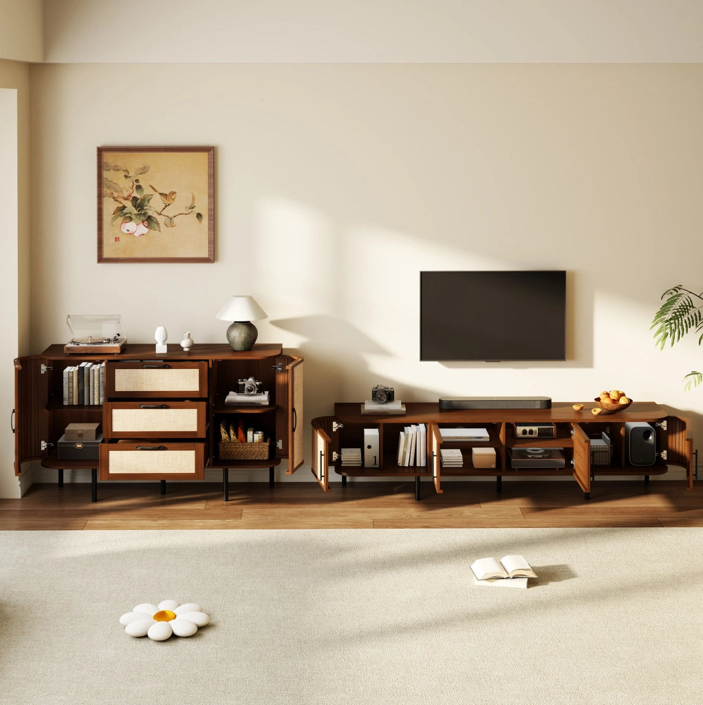Set soggiorno con mobile TV e sideboard; frontali effetto intrecciato; MDF; noce