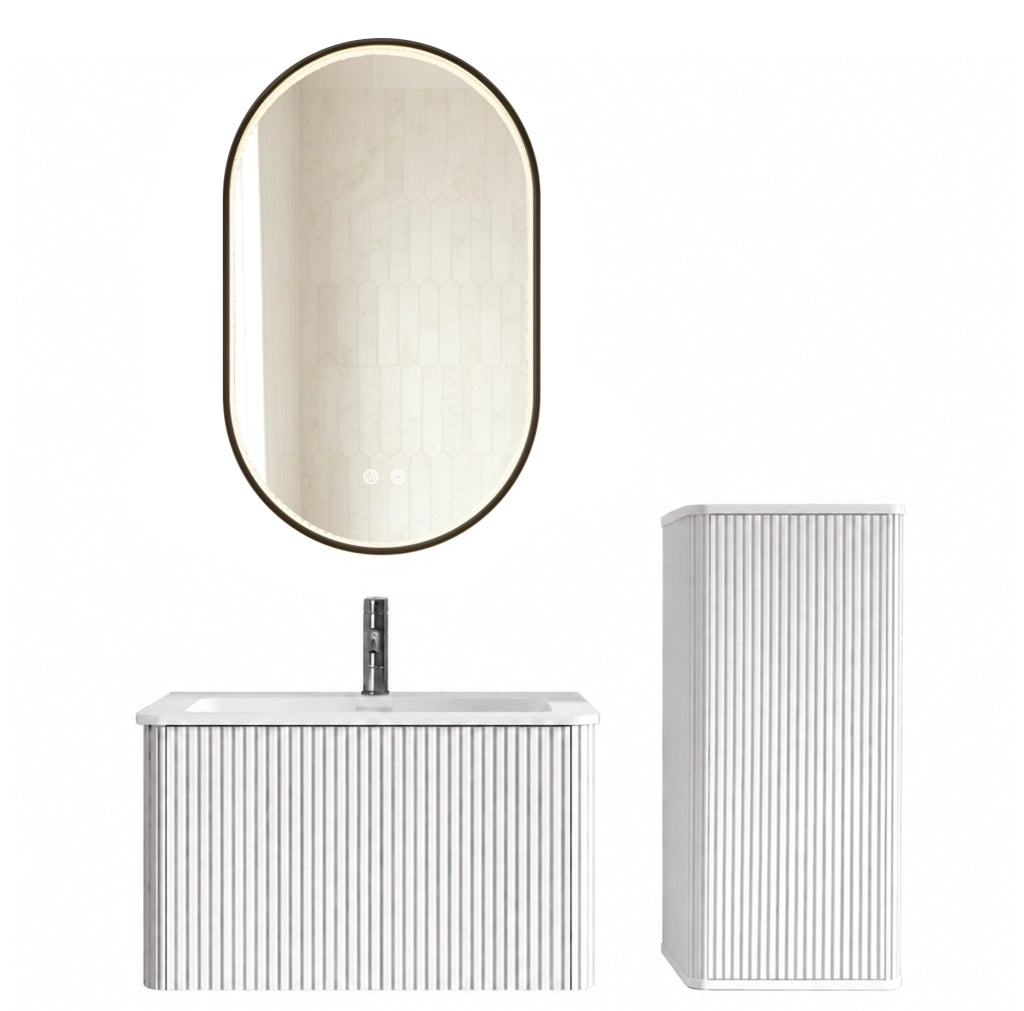 Mobile bagno sospeso ULEVR 80 cm con lavabo, colonna laterale e specchio LED antiappannamento, bianco