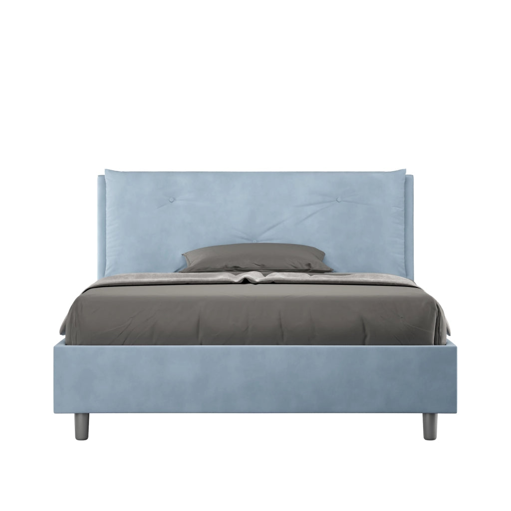 BS COM Letto matrimoniale francese con rete imbottito 140x200 microfibra azzurro Large