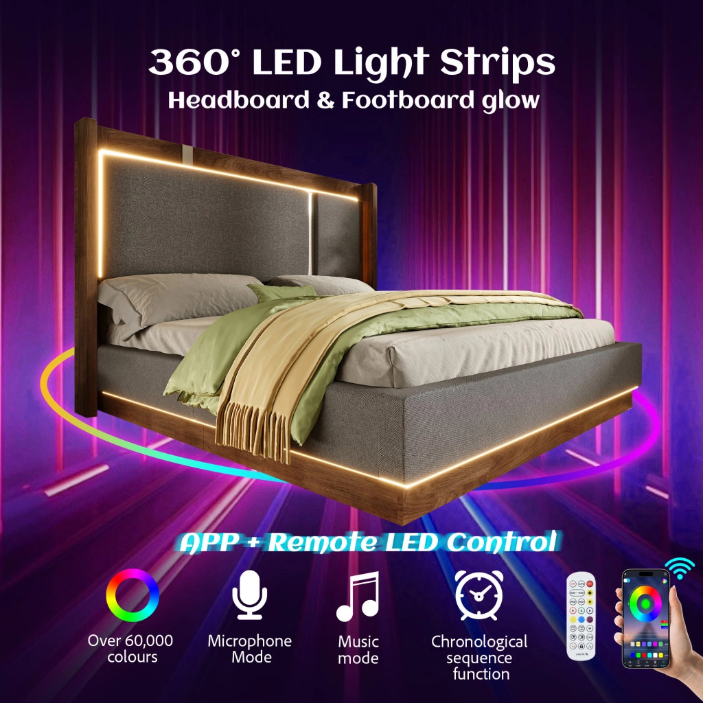 Letto contenitore 140 × 190 cm con rete a doghe LED e testiera imbottita in lino grigio e noce