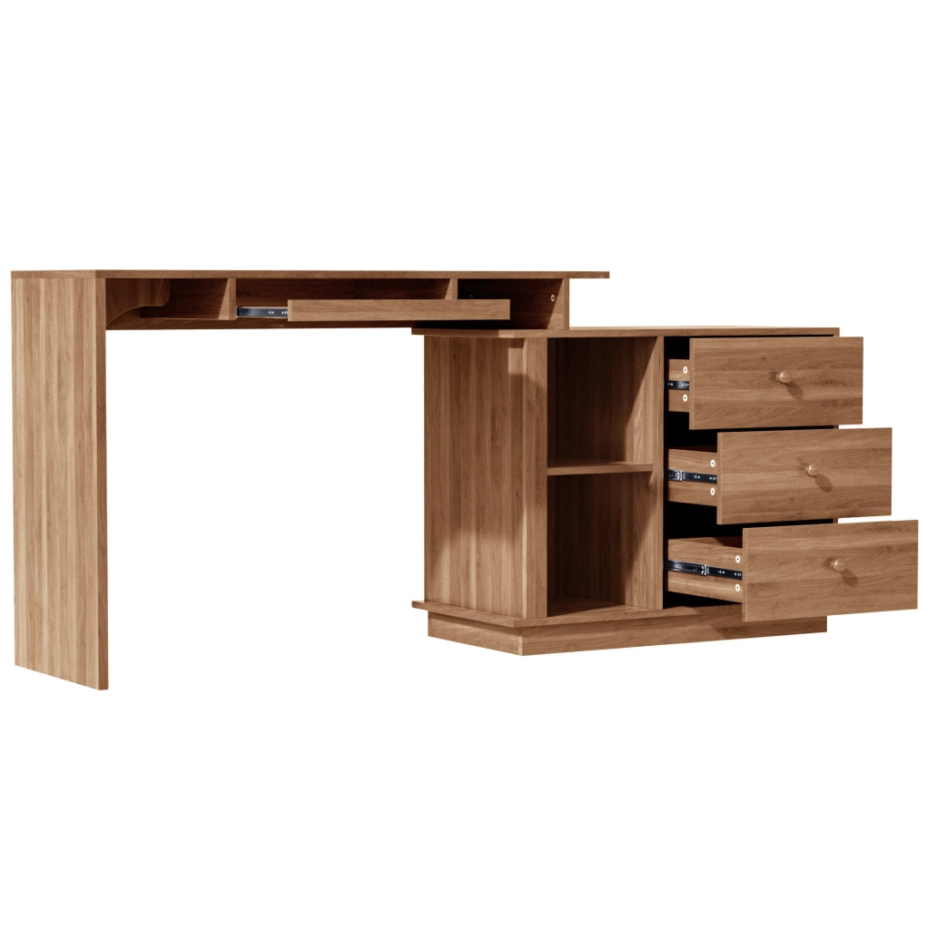 Scrivania estraibile ULEVR 110x40x75,5 cm con 3 cassetti, ripiani aperti e vassoio tastiera, finitura noce