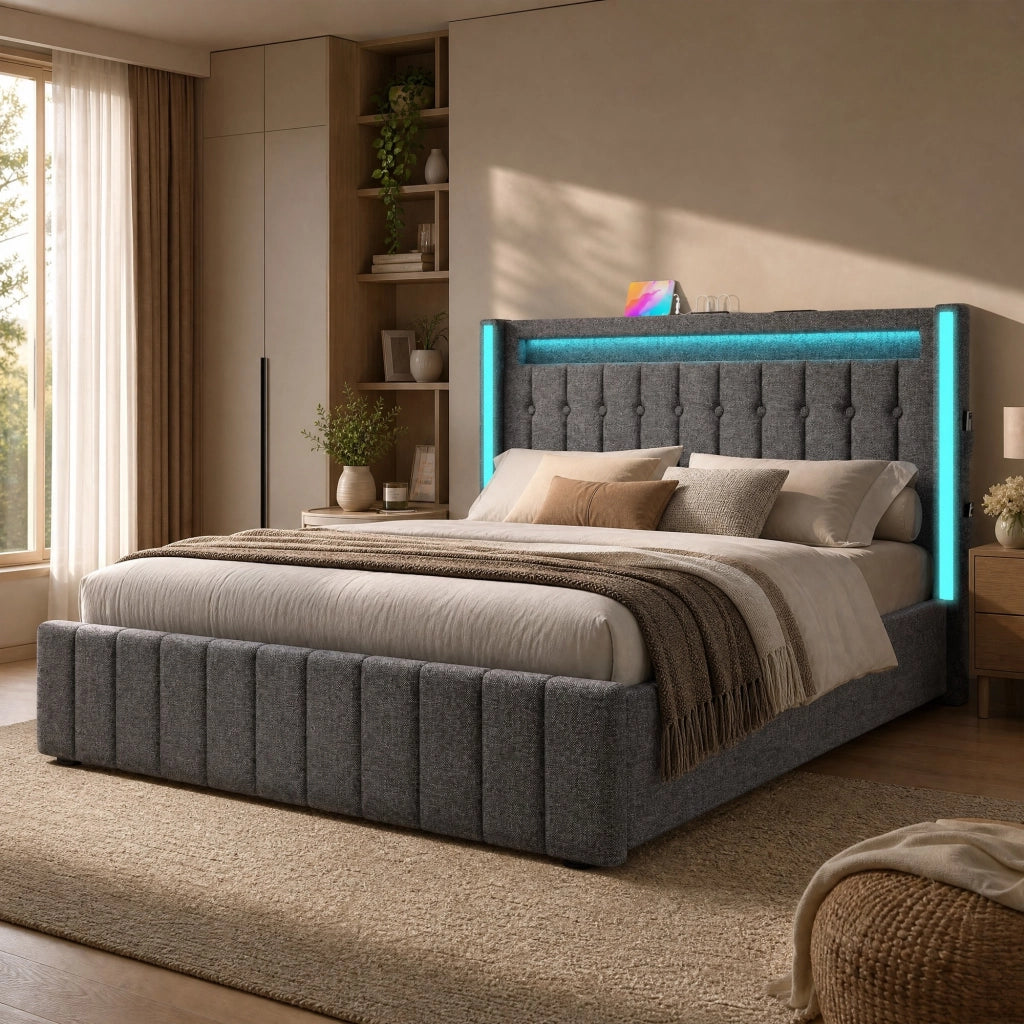 Letto con cassetti 160 × 200 cm con LED; ricarica USB e Type-C; rivestito in lino grigio con rete a doghe