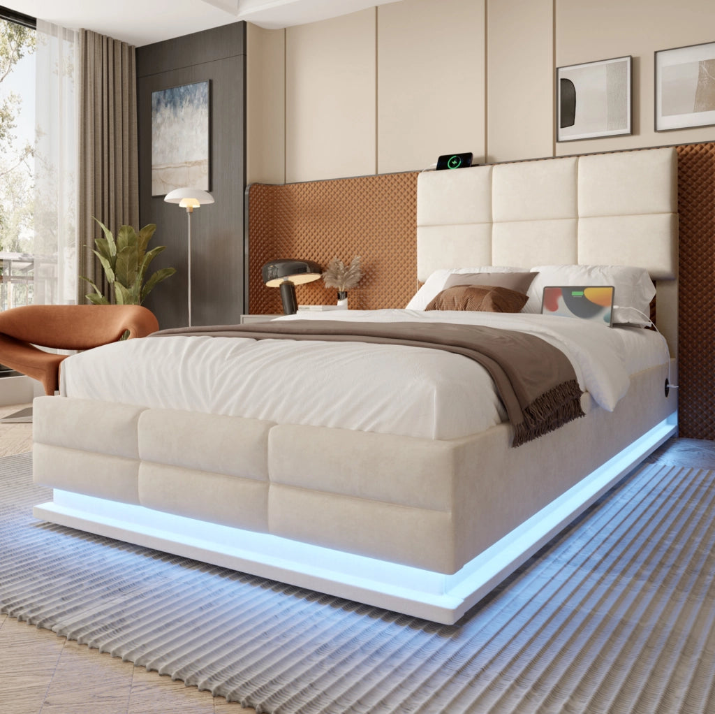 Letto matrimoniale 90x200 cm in velluto beige con LED; USB e contenitore