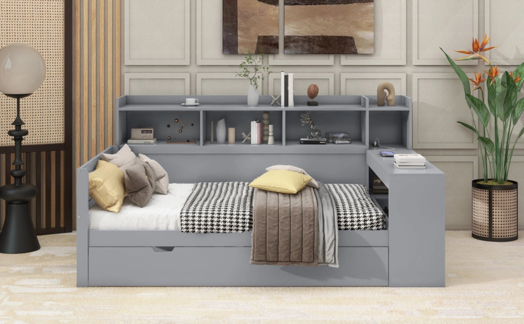 Letto singolo 90 ¡Á 200 cm con scrivania prese USB e ricarica 2 cassetti pannelli di particelle e MDF grigio