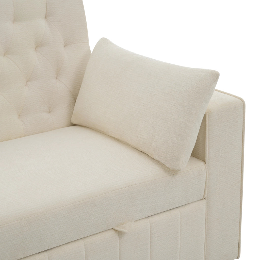 Divano letto 2 posti in ciniglia beige con schienale regolabile, USB, portabevande e 2 cuscini